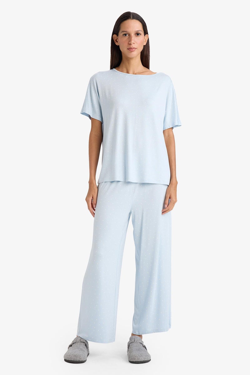 DeFacto Blue Woman Short Sleeve Top Bottom 2 Piece Pajama Set Casual - Image 5